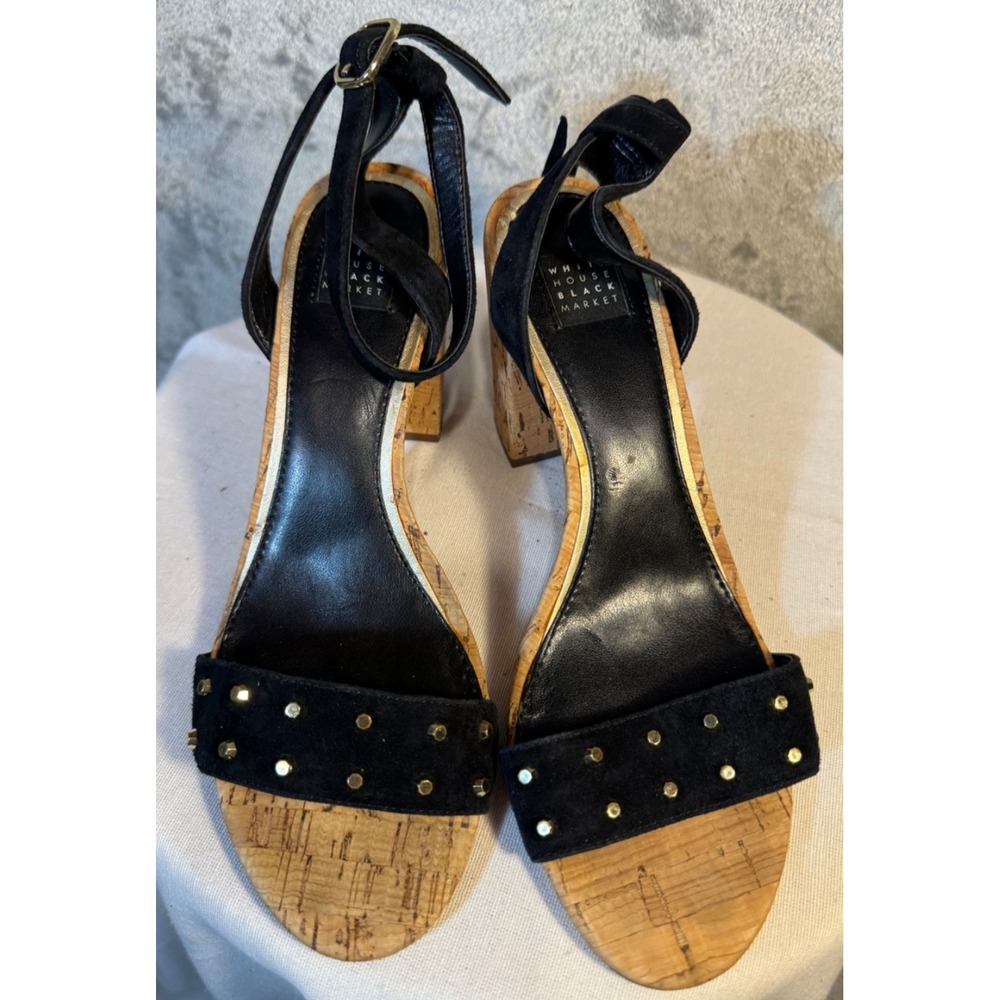 White House Black Market Suede Heels Black Ankle Strap Sandals 7M stud details
